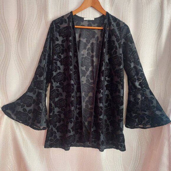 Black Velvet Burnout Kimono S New Roses Floral Bell Sleeves Goth Romantic Le Lis - Picture 3 of 11